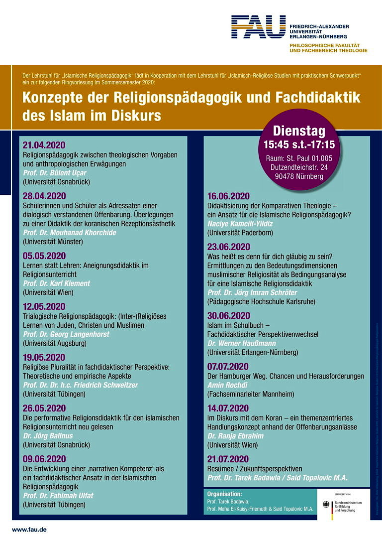Save the date – Sommersemester 2020: Ringvorlesung „Konzepte der Religionspädagogik und Fachdidaktik des Islam im Diskurs“